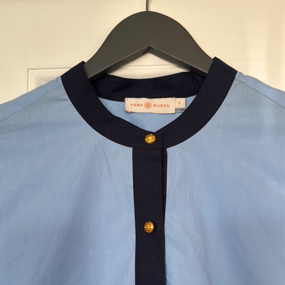 Tory Burch Sky Blue Tunic Top with Dark Blue Accents and gold Tory buttons